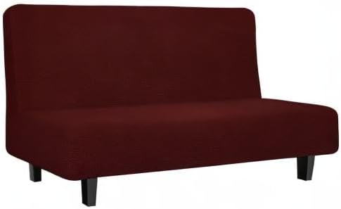 Easy-Going Stretch Futon Slipcover Armless Futon Bed Cover Furniture Protector Without Armrests with Elastic Bottom for Kids, Soft Jacquard Fabric Small Checks (Medium, Wine)