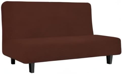 Easy-Going Stretch Futon Sofa Slipcover Armless Sofa Bed Cover Furniture Protector Without Armrests with Elastic Bottom for Kids,Soft Jacquard Small Checks（Medium Futon,Coffee