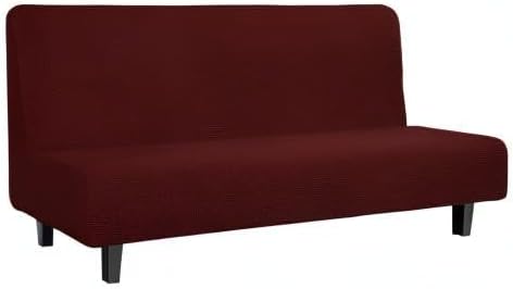 Easy-Going Stretch Futon Slipcover Armless Sofa Cover Furniture Protector Without Armrests Slipcover Soft with Elastic Bottom for Kids, Spandex Jacquard Fabric Small Checks(futon,Wine)