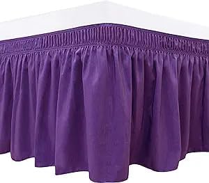 Purple Wrap Around Bed Skirts with 16" Drop - Three Sides Fabric Adjustable Elastic Dust Ruffle Silky Soft -600 TC Stretchy Bed Skirt-Short Queen(60"X 75") Purple