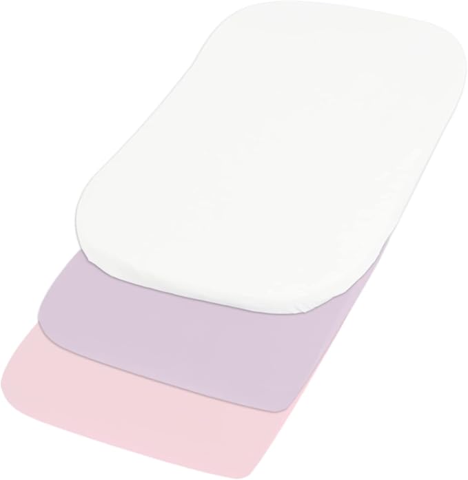Belsden Pack of 3 Fitted Bassinet Sheet Set, Flexible Fit Various Bassinet, Adapts to Oval, Hourglasss and Rectangle Shaped Bassinet Pads, Cloudy Soft Washable Material, Light Purple & Pink & White