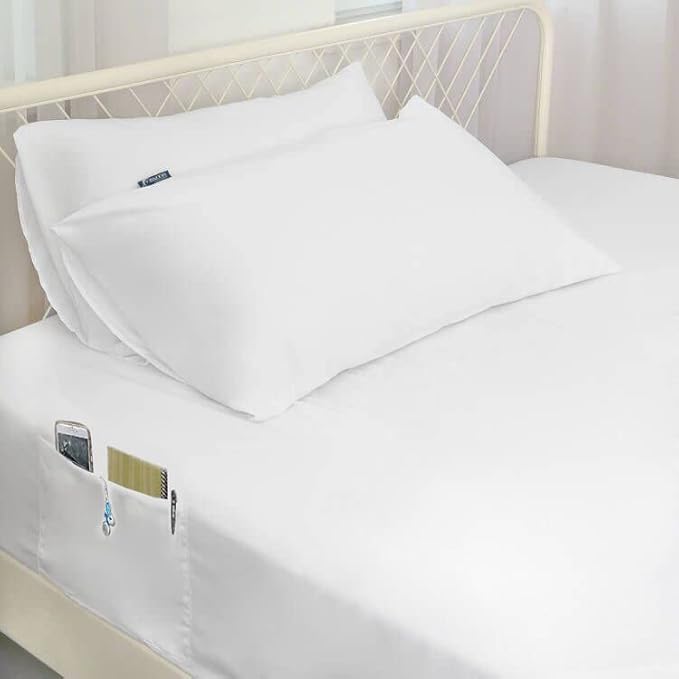 Moonsea Extra Deep Pocket Air Mattress King Sheet Set - 3Pcs Side Storage Pocket Fitted Sheet & Pillowcase King Size Deep Pocket Sheet Set Easily Fits 16in to 24in Pillow Top Air Bed Mattress-White