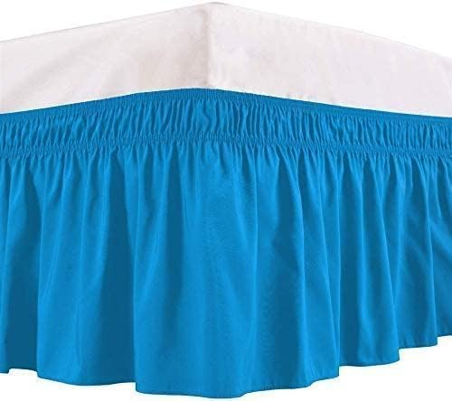 Turquoise Wrap Around Bed Skirts with 16" Drop - Three Sides Fabric Adjustable Elastic Dust Ruffle Silky Soft -600 TC Stretchy Bed Skirt-Olympic Queen(66"X 80") Turquoise