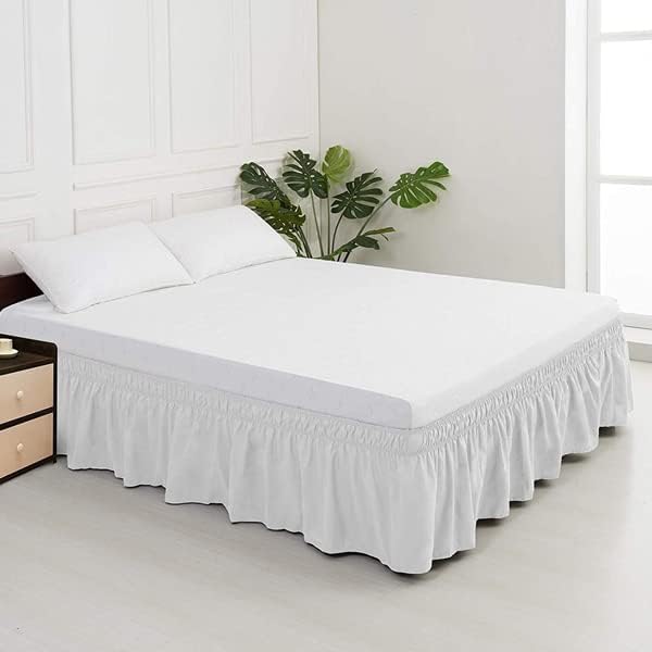 MEILA Wrap Around Bed Skirt Three Fabric Sides Elastic Dust Ruffled 14 Inch Tailored Drop,Easy to Install Fade Resistant-White, Queen/King