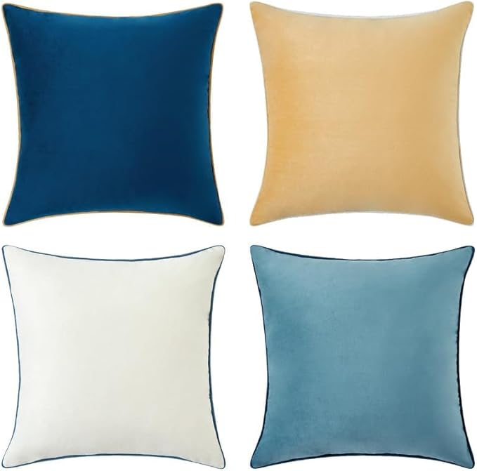 MONDAY MOOSE Decorative Throw Pillow Covers Cushion Cases, Set of 4 Soft Velvet Modern Double-Sided Designs, Mix and Match for Home Decor, Pillow Inserts Not Included (16x16 inch, Blue/Beige)