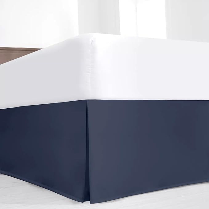 SKY BEDDINGS Luxury Pleated Queen Bed Skirt with Split Corners - 18 Inch Tailored Drop - Pleated Dust Ruffle - Wrinkle-Free 100% Microfiber - Easy Fit, Soft & Durable - Navy Blue