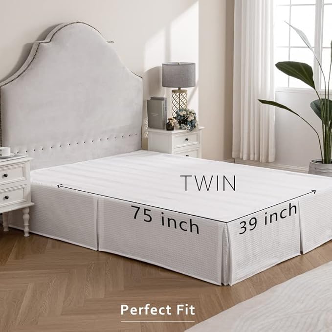 MIYE Pleated Waffle Weave Bed Skirt, Tailored Dust Ruffle 16 Inch Drop Easy Fit, Machine Washable (White, Twin - 16" Drop)