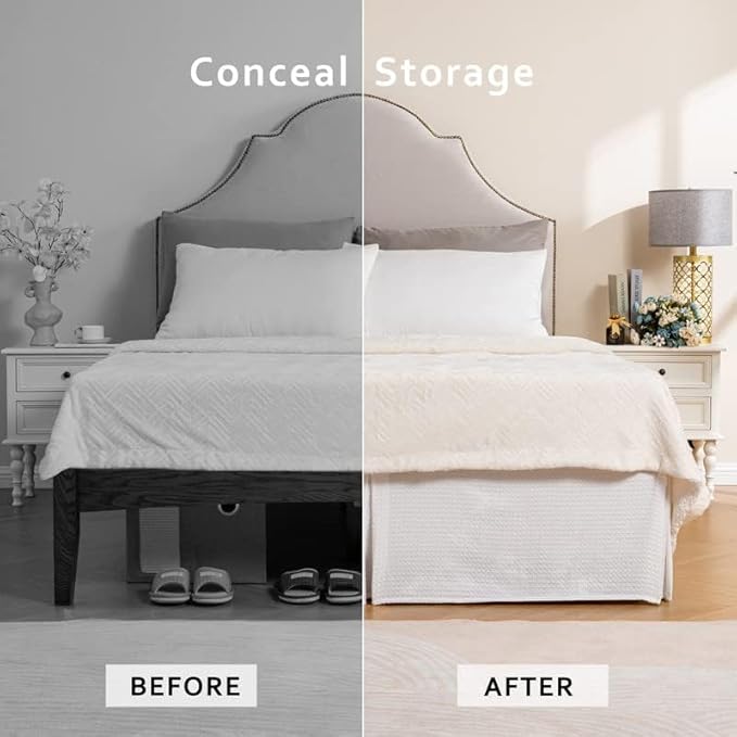 MIYE Pleated Waffle Weave Bed Skirt, Tailored Dust Ruffle 22 Inch Drop Easy Fit, Machine Washable (White, Twin - 22" Drop)