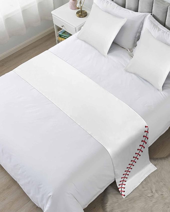 Baseball Sports Texture Bed Runners for Bedroom Hotel,Decorative Bedding Scarf White Red Lines Bed End Blanket Bedding Runner Scarves for Twin Size Bed,71x20in