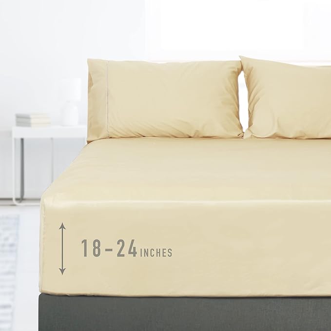 Sunflower Full Fitted Sheet, 1-Piece Extra Deep Pocket Fitted Bottom Sheet 22", 100% Cotton Sateen Soft Breathable, Butter Cream