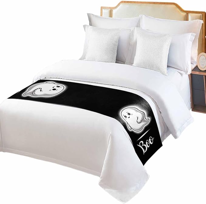 Halloween Cute Ghost Boo Bed Runners for Bedroom Hotel,Decorative Bedding Scarf Black and White Bed End Blanket Bedding Runner Scarves for King Size Bed,102x20in