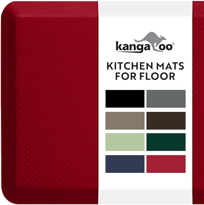 KANGAROO Thick Ergonomic Anti Fatigue Mats for Kitchen Floor, 48x20, Cushioned Standing Office Desk Mat, Waterproof Scratch Resistant Topside, Supportive All Day Comfort Padded Foam Rugs, Red