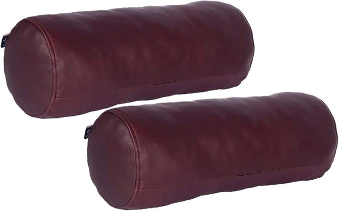Neck Roll Pillow Cushion Cover, 14x5 Inch Full Moon Round Bolster Pillow Case, Cylinder Soft Lambskin Leather Pillowcase for Head, Spine & Neck Support During Sleep - Dark Maroon Pack of 2