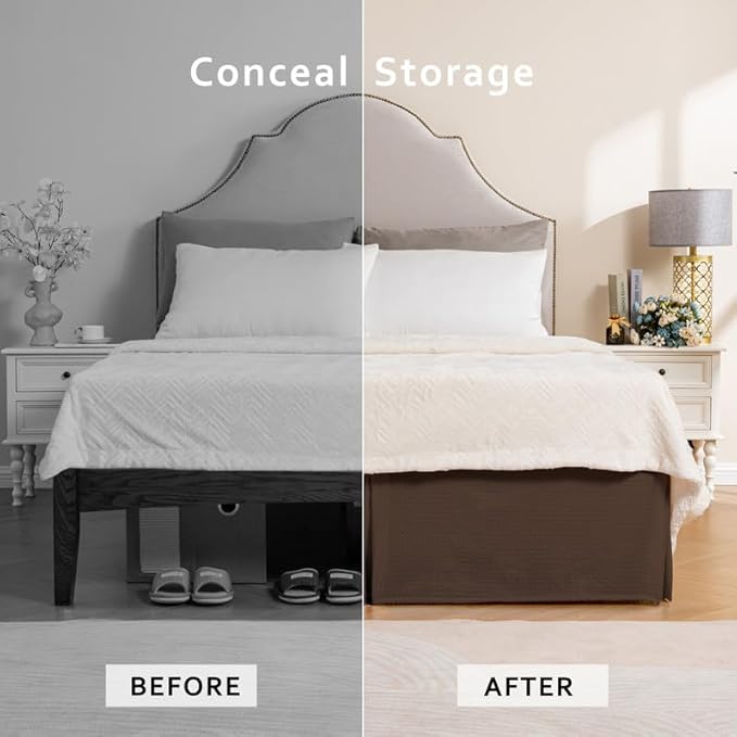 MIYE Pleated Waffle Weave Bed Skirt, Tailored Dust Ruffle 14 Inch Drop Easy Fit, Machine Washable (Brown, Full - 14" Drop)