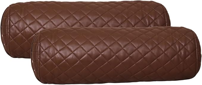 Neck Roll Pillow Cushion Cover, 24x7 Inch Full Moon Round Bolster Pillow Case, Cylinder Soft Lambskin Leather Pillowcase for Head, Spine & Neck Support During Sleep - Quilted Chocolate Brown Pack of 2