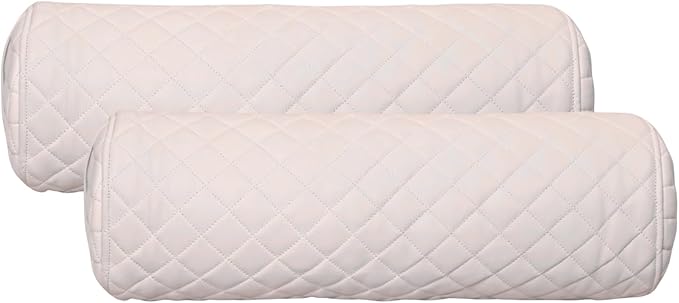 Neck Roll Pillow Cushion Cover, 20x7 Inch Full Moon Round Bolster Pillow Case, Cylinder Soft Lambskin Leather Pillowcase for Head, Spine & Neck Support During Sleep - Quilted White Pack of 2