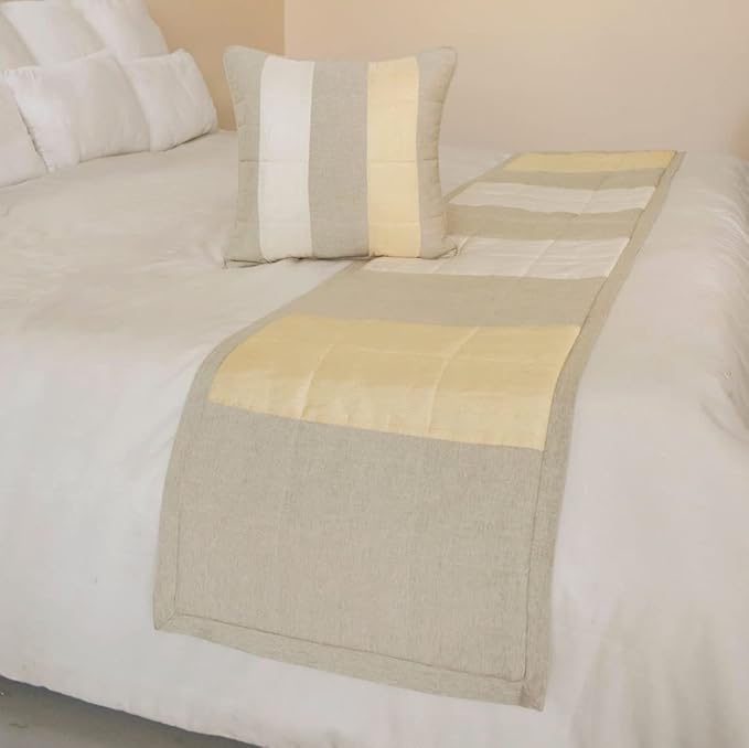 The HomeCentric King/Queen/Twin Beige Decorative CA King 86"x18" Bed Runner with Pillow Cover, Color Block, Patchwork, Quilted, Silk, Linen & Striped Bed Scarf on Linen & Silk Fabric - Alikka