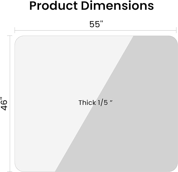 Tempered Glass Chair Mat, 55" x 46" Glass Office Chair Mat, 1/5" Thick Clear Floor Mat with Anti-Slip Pads, Heavy Duty Glass Mat for Carpeted and Hard Floor
