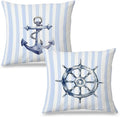 Nautical Rudder Anchor Pillow Covers 18x18 Set of 2, Preppy Blue and White Striped Coastal Nautical Throw Pillow Covers for Boys Bedroom Beach House Home, Preppy Beach Room Decor