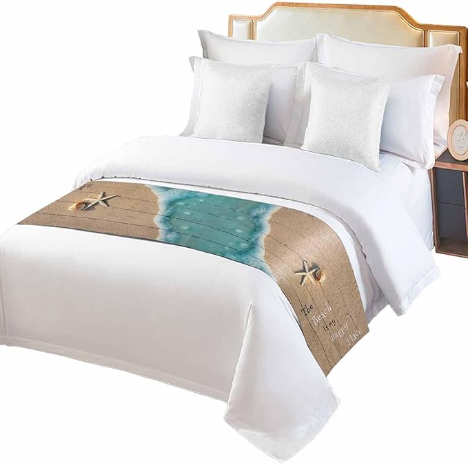 Coastal Ocean Starfish and Shell Sand Bed Runners for Bedroom Hotel,Decorative Bedding Scarf The Beach is My Happy Place Bed End Blanket Bedding Runner Scarves for King Size Bed,102x20in