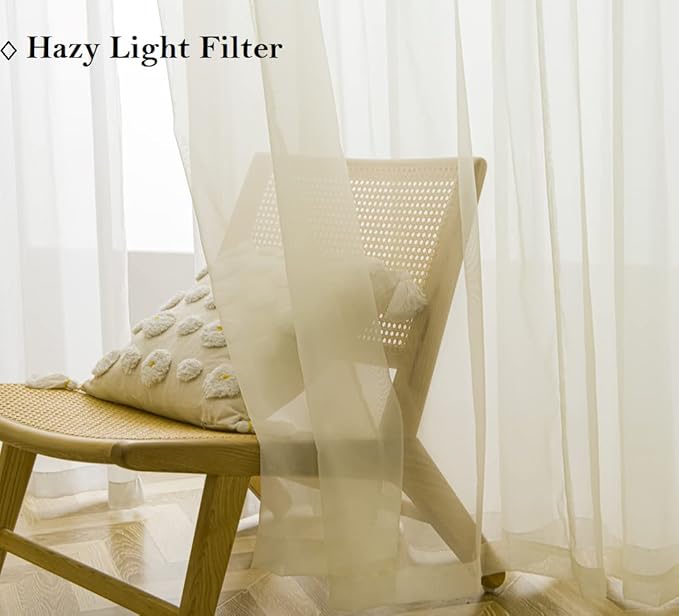 PI Sheer Short Curtains Lightweight with Ring Top,Voile Elegant Cream Sheer Curtain for Small Window 2 Panels (W42 X L63, Butter)
