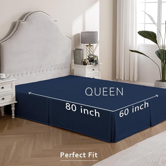 MIYE Pleated Waffle Weave Bed Skirt, Tailored Dust Ruffle 12 Inch Drop Easy Fit, Machine Washable (Navy Blue, Queen - 12" Drop)