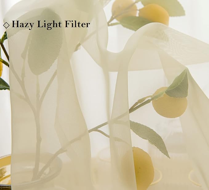 PI Sheer Short Curtains Panels Grommet Top,Hazy Sheer Draperies for Cafe/Kitchen 2 Pack (Butter/Light Yellow, W52XL45)