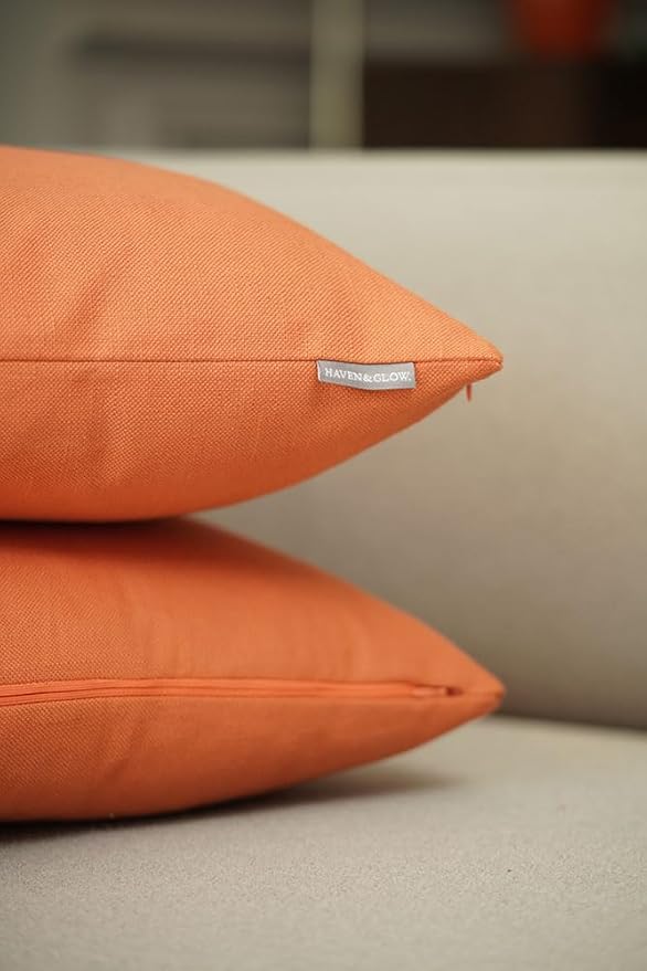 Haven & Glow Decorative Throw Pillow Cover – Square Cushion Case with Zipper | Modern Sofa, Couch & Bed Accent Pillow Covers for Living Room, Bedroom & Home Decor | 18 x 18 Inch – Soft Orange – 2 Pc