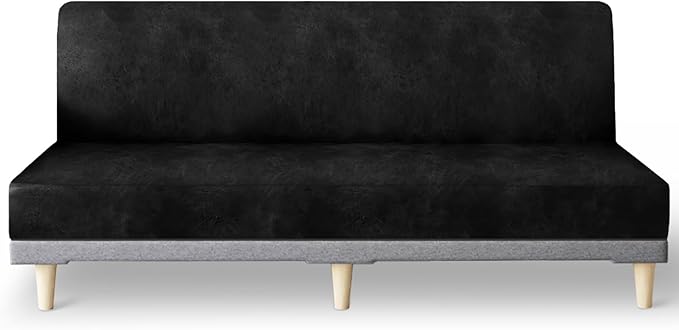 molasofa Leather Like Stretch Futon Slipcover Armless Futon Bed Sofa Cover Furniture Protector with Elastic Bottom, Soft and Washable Futon Cover for Sofa Bed Stay in Place（Larger，Black）