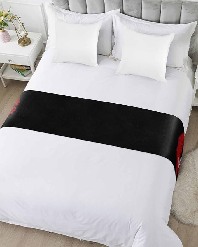 Red Lip Print Kiss Me Bed Runners for Bedroom Hotel,Decorative Bedding Scarf Black Back Bed End Blanket Bedding Runner Scarves for King Size Bed,102x20in