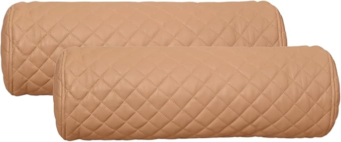 Neck Roll Pillow Cushion Cover, 14x7 Inch Full Moon Round Bolster Pillow Case, Cylinder Soft Lambskin Leather Pillowcase for Head, Spine & Neck Support During Sleep - Quilted Beige Pack of 2