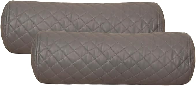 Neck Roll Pillow Cushion Cover, 18x7 Inch Full Moon Round Bolster Pillow Case, Cylinder Soft Lambskin Leather Pillowcase for Head, Spine & Neck Support During Sleep - Quilted Grey Pack of 2