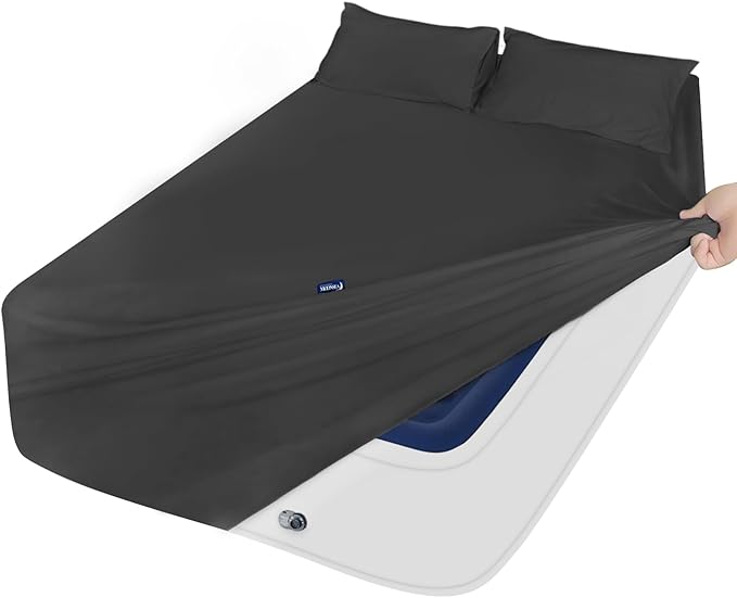 Moonsea King Size Sheets Set for Air Mattress - Deep Pocket King Sheet Set - 3Pcs Side Storage Pocket Fitted Sheet & Pillowcases Easily Fits 16in to 24in Pillow Top Bed Mattress, Black