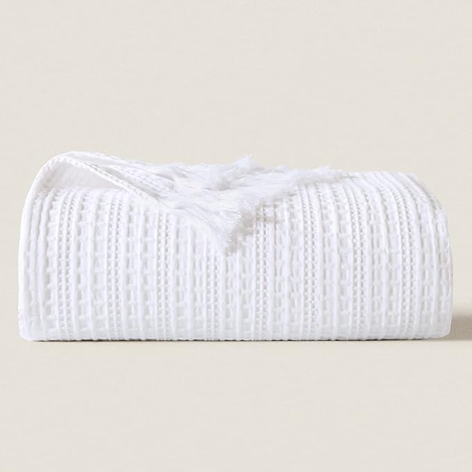 100% Cotton Waffle King Blanket with Fringe 104"x90", Pre-Washed Waffle Weave Blanket for All Season, Lightweight Breathable Soft Cozy Throw Blanket for Couch, Bed, Travel (White)