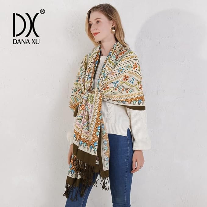 DANA XU 100% Merino Wool Pashmina Shawl for Women 96"x43", Oversized Cashmere Wrap with Tassels, Floral Travel Blanket Cape