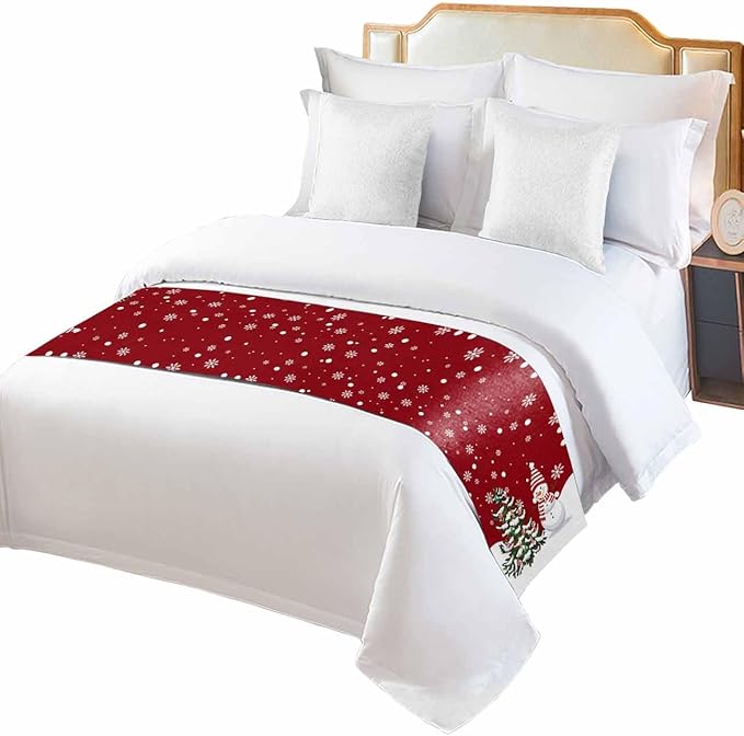 Christmas Tree Snowflakes Snowman Bed Runners for Bedroom Hotel,Decorative Bedding Scarf Red White Green Bed End Blanket Bedding Runner Scarves for Full Size Bed,83x20in