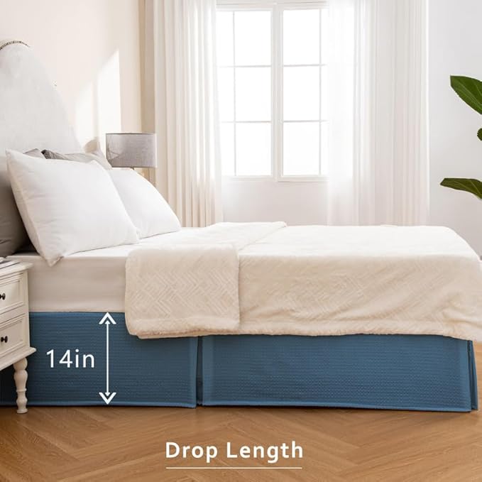 MIYE Pleated Waffle Weave Bed Skirt, Tailored Dust Ruffle 14 Inch Drop Easy Fit, Machine Washable (Blue, TwinXL - 14" Drop)