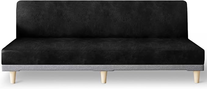 molasofa Leather Like Stretch Futon Slipcover Armless Futon Bed Sofa Cover Furniture Protector with Elastic Bottom, Soft and Washable Futon Cover for Sofa Bed Stay in Place（X Larger，Black）
