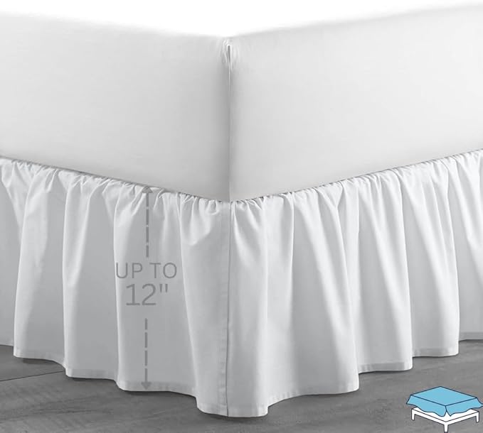 Ruffle Bed Skirt with Split Corners, Microfiber Dust Ruffled for a Perfectly Tailored Bedding Ensemble, Wrinkle and Fade Free, Easy Fit, Queen Size 12 Inch Drop, White