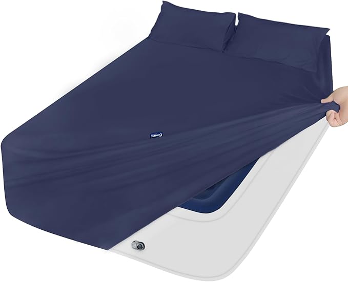 Moonsea Queen Sheet Set for Air Mattress - Sheets Queen Size Bed Set - 3Pcs Side Storage Pocket Fitted Sheet & Pillowcases Easily Fits 16in to 24in Pillow Top Air Bed Mattress - Navy Blue