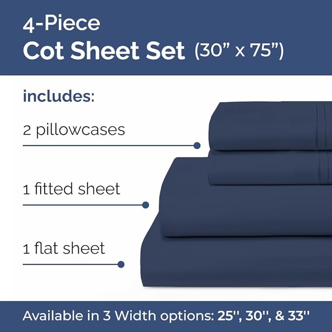 Cot Sheet Set 30” x 75” – 4 Piece Cot Size Narrow Twin Mattress Sheets – Ideal for Camper Bunk, RVs, Bunks, Day Care & Camping - Fits 6” to 10” Mattress, Ultra-Soft, Breathable & Cooling - Navy Blue