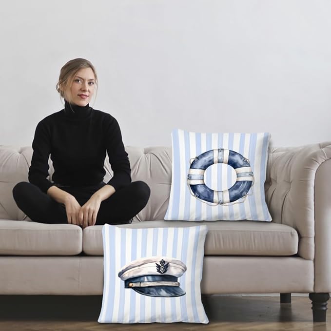 Blue Coastal Nautical Pillow Covers 18x18 Set of 2, Watercolor Lifebuoy Captain Hat Preppy Blue Striped Throw Pillow Covers for Boys Bedroom Beach House Home, Preppy Beach Room Decor