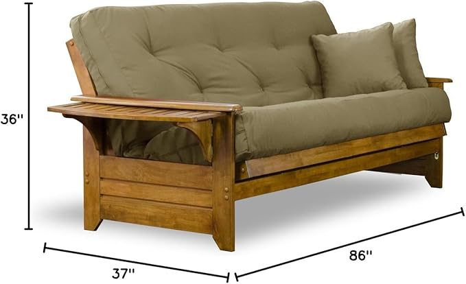 Nirvana Futons Brentwood Tray Arm Futon Sofabed Set - Queen Frame, 8" Thick Khaki Mattress, Rich Heritage Finish
