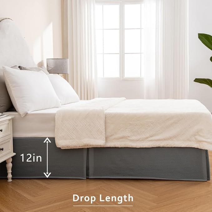 MIYE Pleated Waffle Weave Bed Skirt, Tailored Dust Ruffle 12 Inch Drop Easy Fit, Machine Washable (Dark Grey, Queen - 12" Drop)
