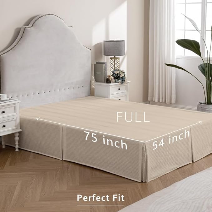 MIYE Pleated Waffle Weave Bed Skirt, Tailored Dust Ruffle 16 Inch Drop Easy Fit, Machine Washable,No Split Corners (Beige, Full - 16" Drop)