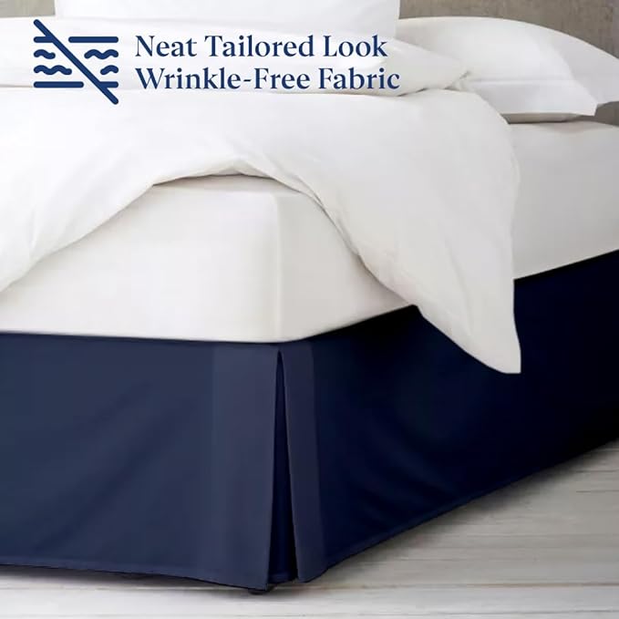 SKY BEDDINGS Luxury Pleated Queen Bed Skirt with Split Corners - 12 Inch Tailored Drop - Pleated Dust Ruffle - Wrinkle-Free 100% Microfiber - Easy Fit, Soft & Durable - Navy Blue
