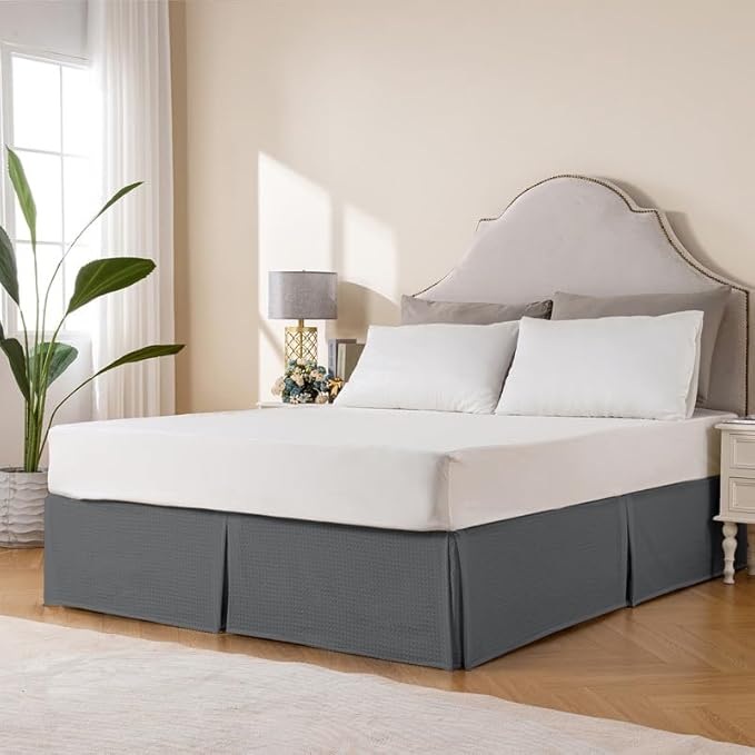 MIYE Pleated Waffle Weave Bed Skirt, Tailored Dust Ruffle 16 Inch Drop Easy Fit, Machine Washable (Dark Grey, Full - 16" Drop)