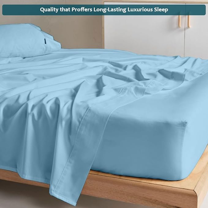 Full Size Bed Sheets Set - Luxury 338 Thread Count 100% Egyptian Cotton Sateen, Cooling Sheets, Deep Pockets with All Around Elastic for a, Hotel Quality Bedding Set (Light Blue Solid)