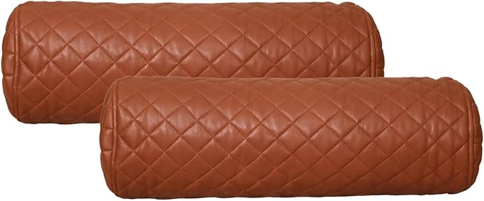 Neck Roll Pillow Cushion Cover, 16x5 Inch Full Moon Round Bolster Pillow Case, Cylinder Soft Lambskin Leather Pillowcase for Head, Spine & Neck Support During Sleep - Quilted Brown Pack of 2