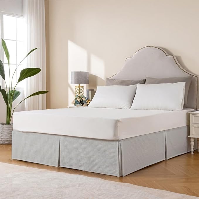 MIYE Pleated Waffle Weave Bed Skirt, Tailored Dust Ruffle 18 Inch Drop Easy Fit, Machine Washable (Light Grey, Full - 18" Drop)